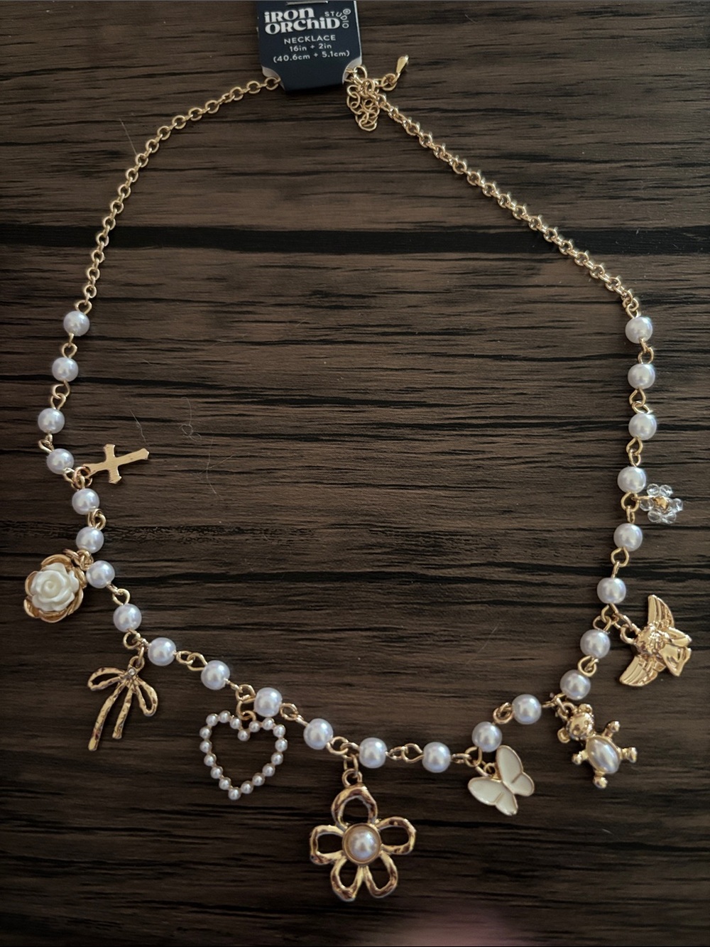 Iron Orchid Studios Gold Pearl Charm Necklace 16+2 inches